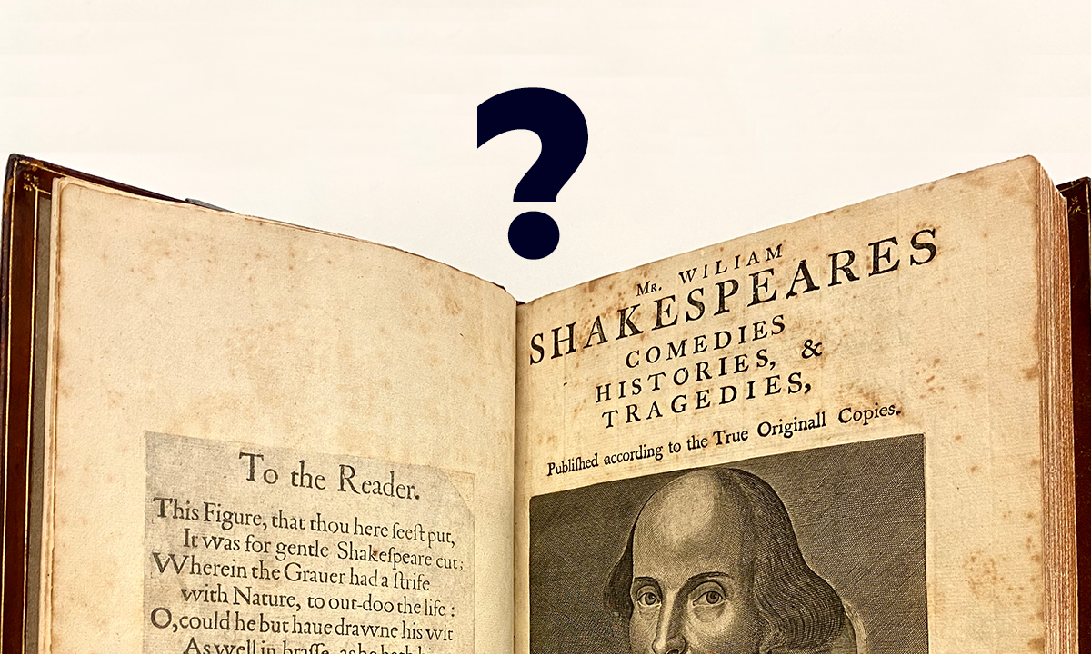 Top half of title page to Shakespeare's folio with his image and a question mark